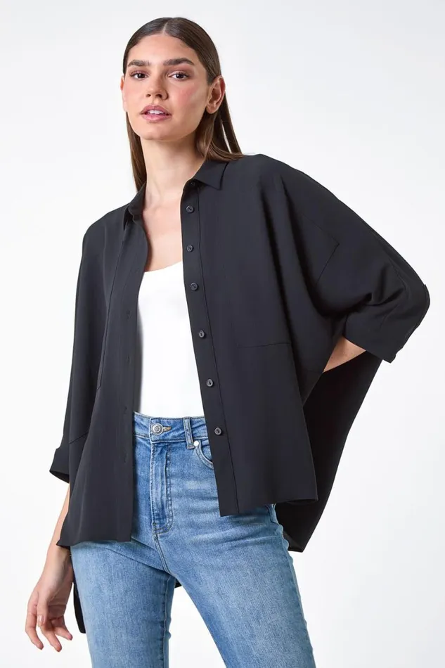 Black Relaxed Smart Stretch Shirt Women Roman Tops