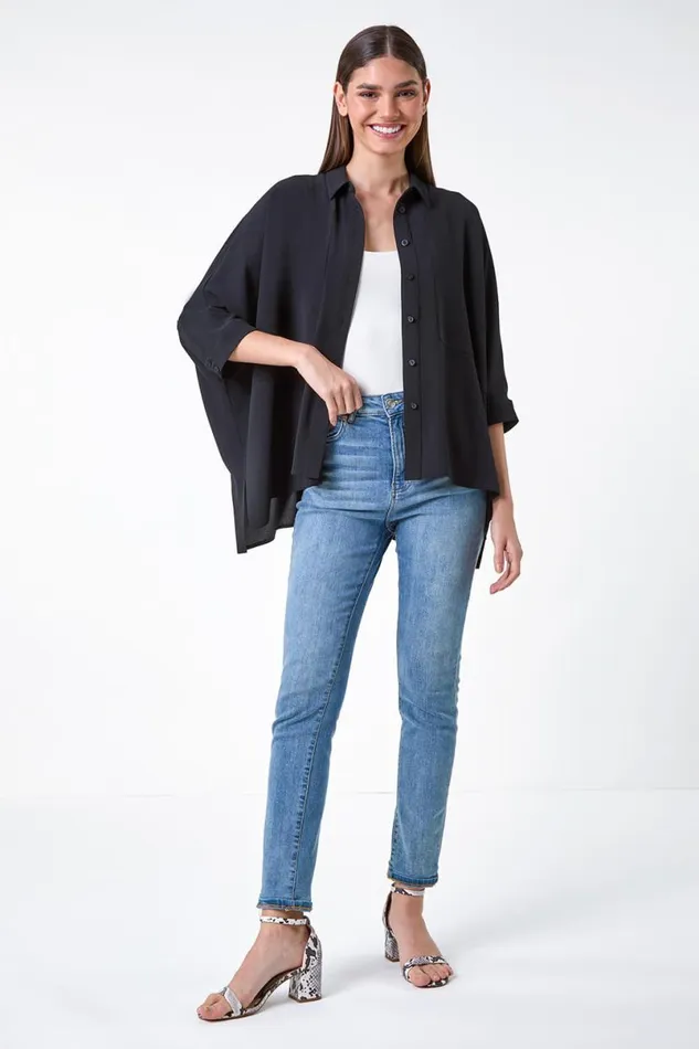 Black Relaxed Smart Stretch Shirt Women Roman Tops