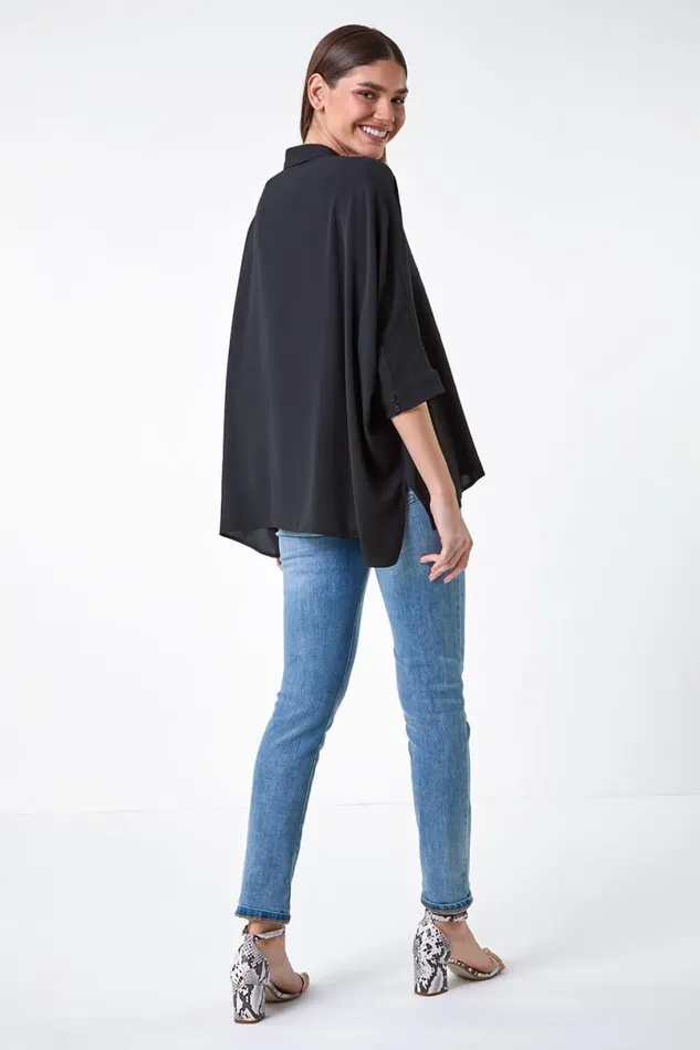 Black Relaxed Smart Stretch Shirt Women Roman Tops
