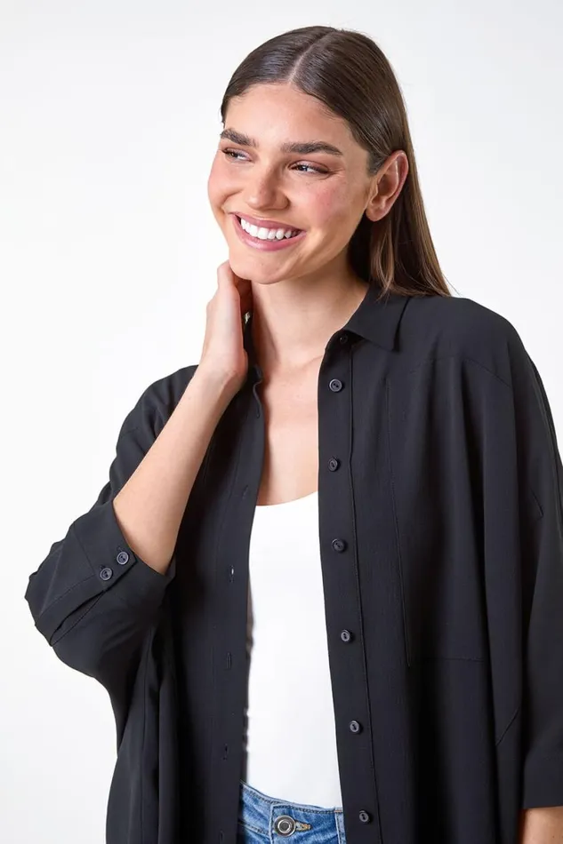 Black Relaxed Smart Stretch Shirt Women Roman Tops