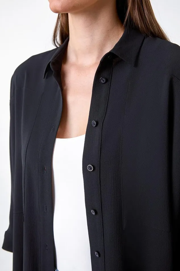 Black Relaxed Smart Stretch Shirt Women Roman Tops