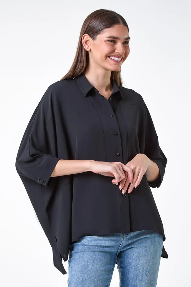 Black Relaxed Smart Stretch Shirt Women Roman Tops