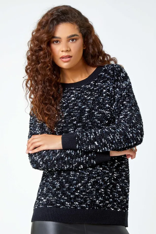 Black Rich Chenille Jumper Women Roman Knitwear