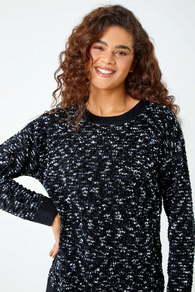 Black Rich Chenille Jumper Women Roman Knitwear