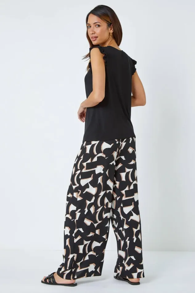 Black Ring Detail Frill Stretch Top Women Roman Tops