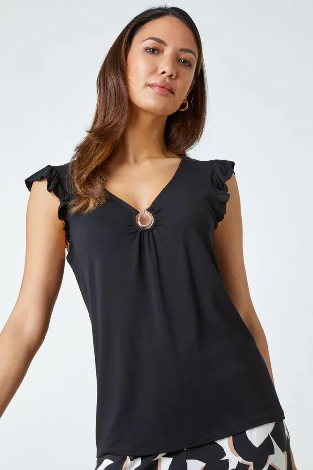 Black Ring Detail Frill Stretch Top Women Roman Tops