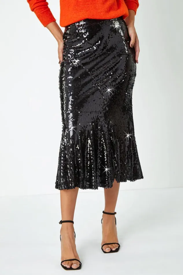 Black Sequin Embellished Fluted Midi Skirt Women Roman Skirts