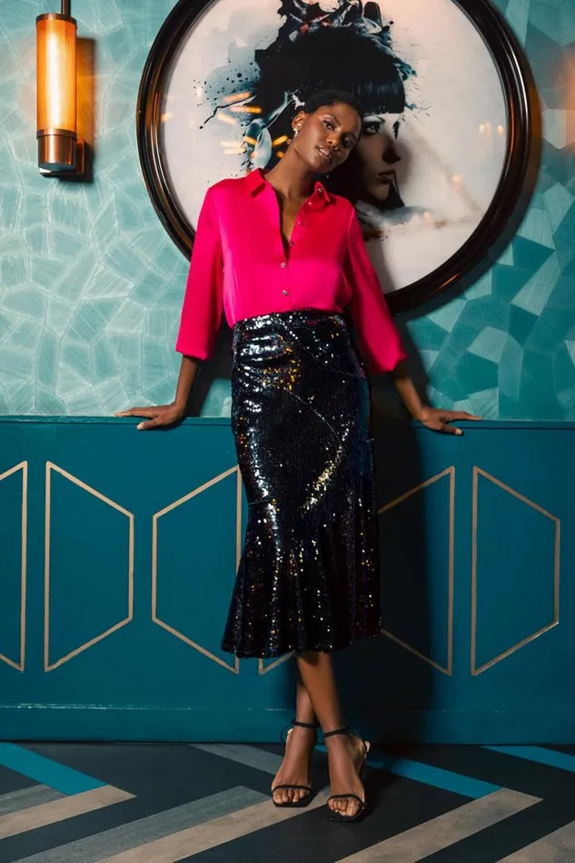 Black Sequin Embellished Fluted Midi Skirt Women Roman Skirts