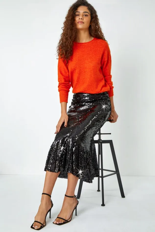 Black Sequin Embellished Fluted Midi Skirt Women Roman Skirts