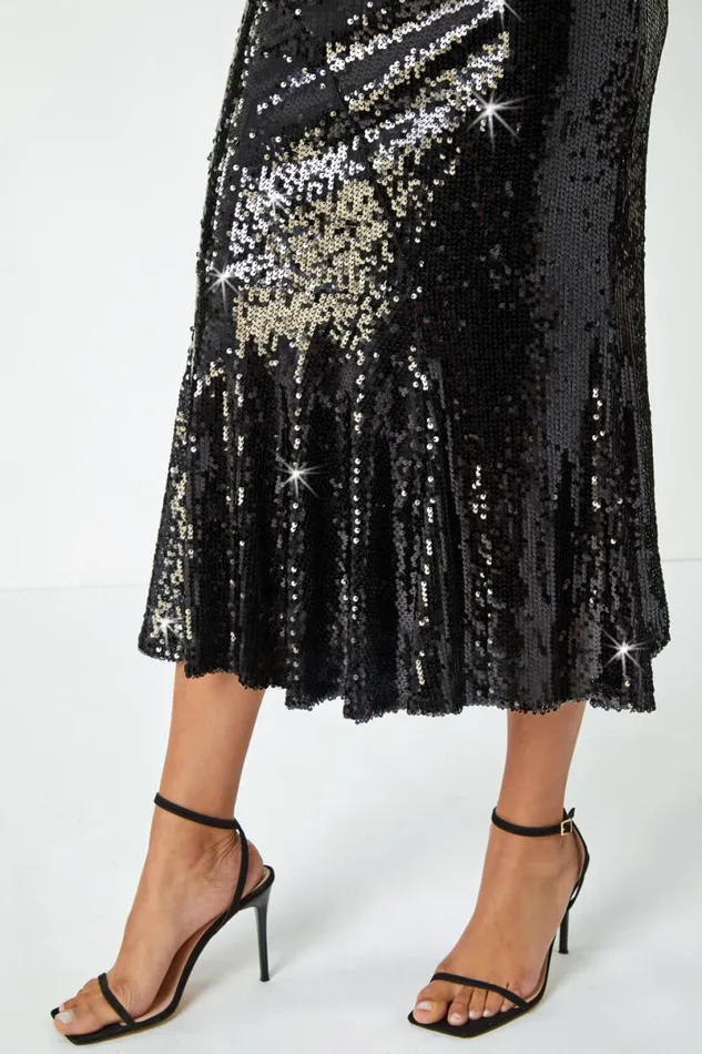 Black Sequin Embellished Fluted Midi Skirt Women Roman Skirts