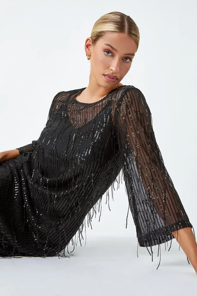 Black Sequin Sparkle Tassel Shift Dress Women Roman Dresses