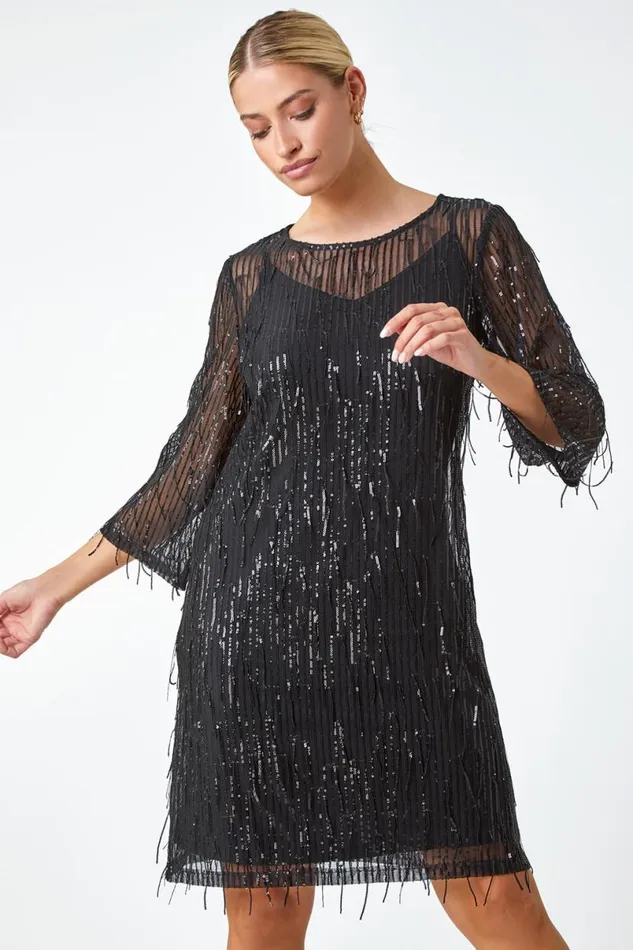Black Sequin Sparkle Tassel Shift Dress Women Roman Dresses