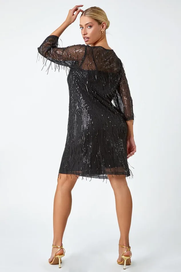 Black Sequin Sparkle Tassel Shift Dress Women Roman Dresses