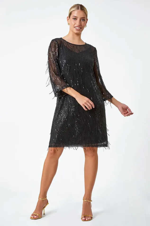 Black Sequin Sparkle Tassel Shift Dress Women Roman Dresses