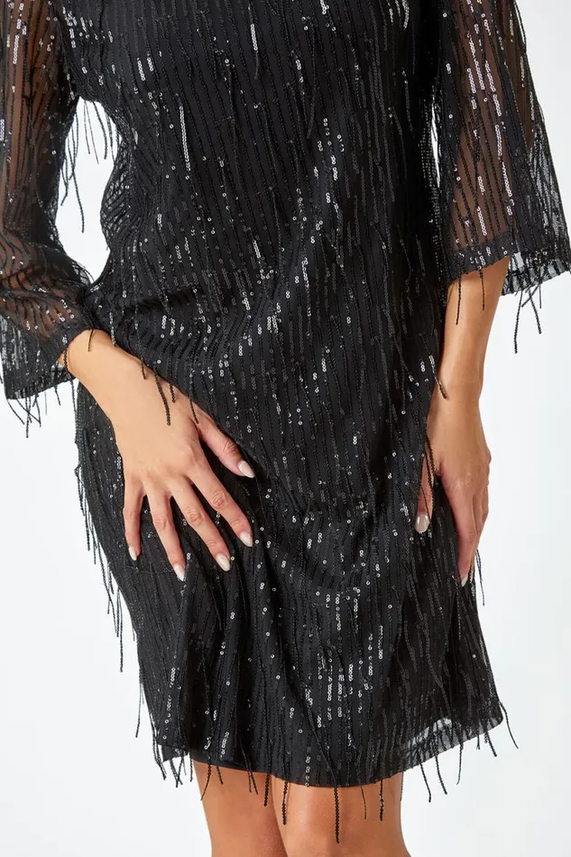 Black Sequin Sparkle Tassel Shift Dress Women Roman Dresses