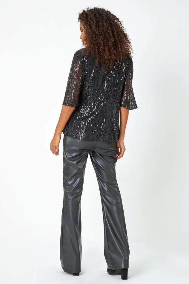Black Sequin Tie Front VNeck Stretch Top Women Roman Tops