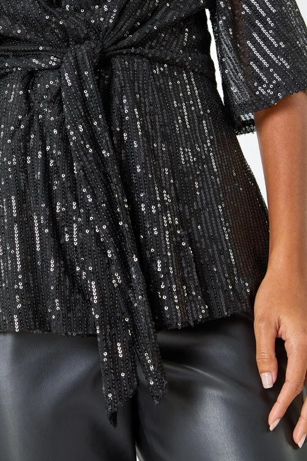 Black Sequin Tie Front VNeck Stretch Top Women Roman Tops