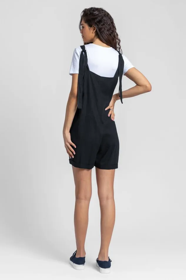Black Shoulder Tie Cotton Playsuit Women Roman Dresses