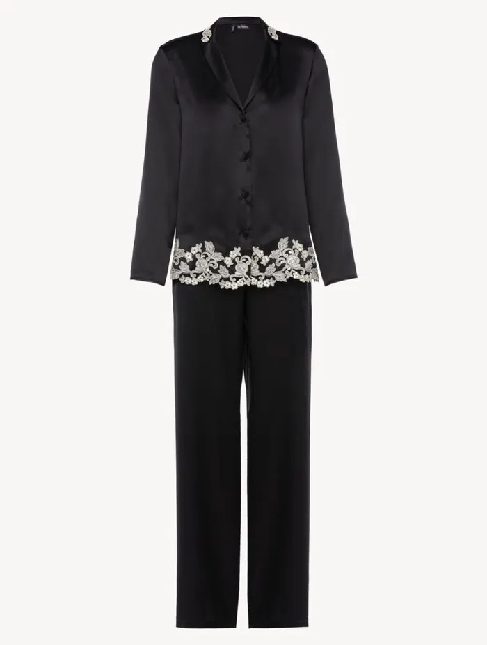 Black Silk Long Pajamas With Frastaglio Sleepwear La Perla Pajamas