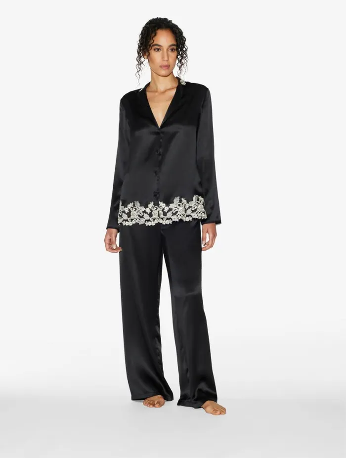 Black Silk Long Pajamas With Frastaglio Sleepwear La Perla Pajamas