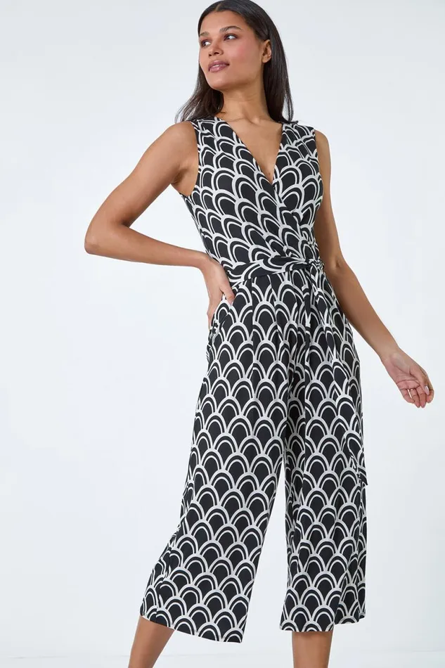 Black Sleeveless Shell Print Stretch Jumpsuit Women Roman Dresses