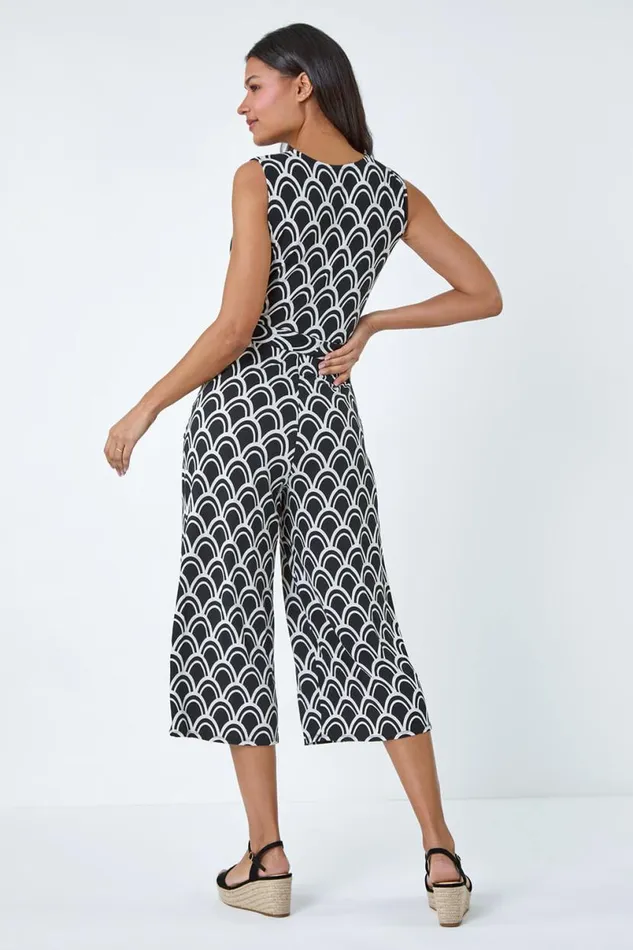 Black Sleeveless Shell Print Stretch Jumpsuit Women Roman Dresses