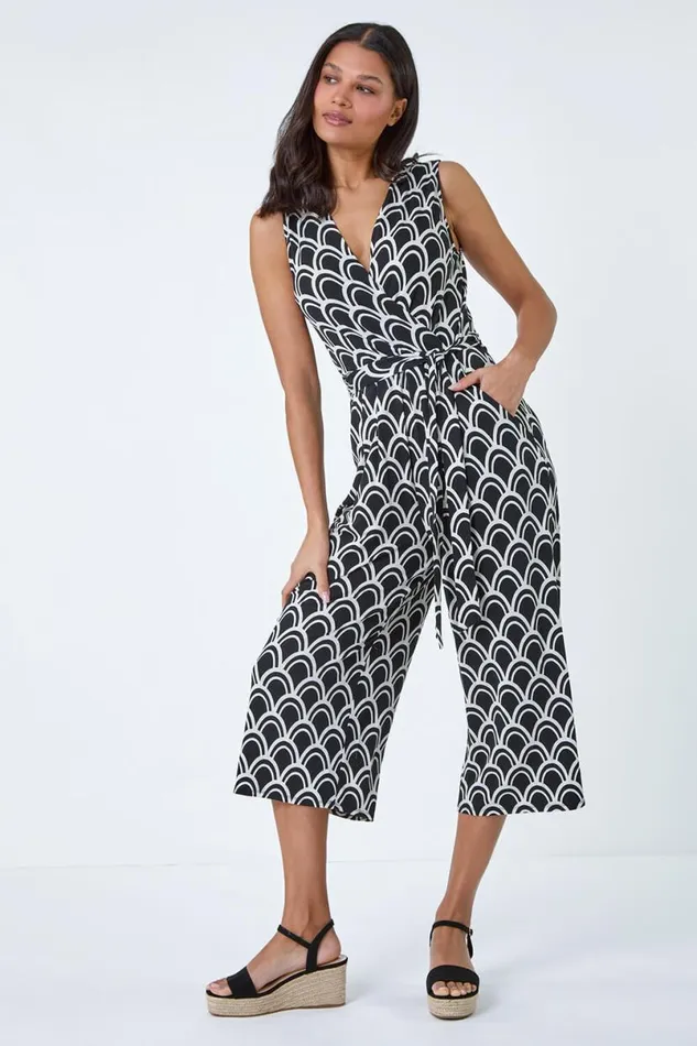 Black Sleeveless Shell Print Stretch Jumpsuit Women Roman Dresses