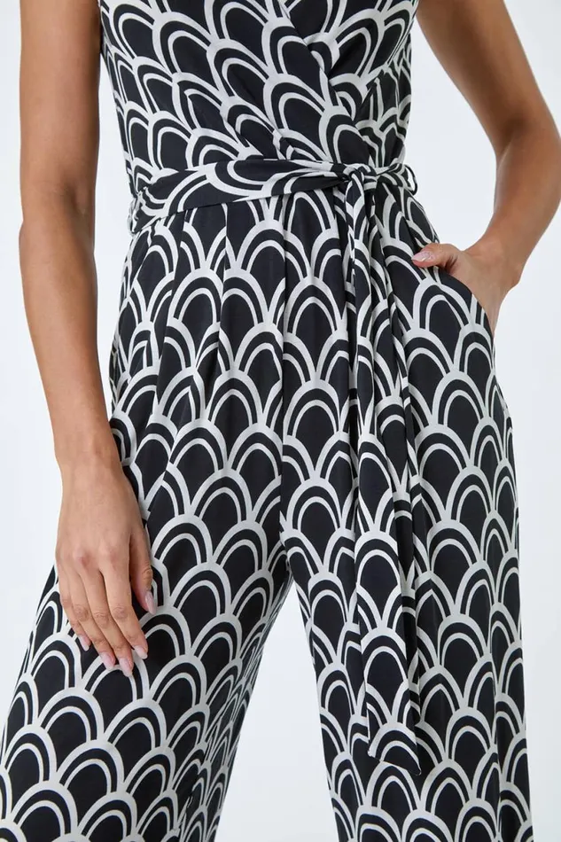 Black Sleeveless Shell Print Stretch Jumpsuit Women Roman Dresses