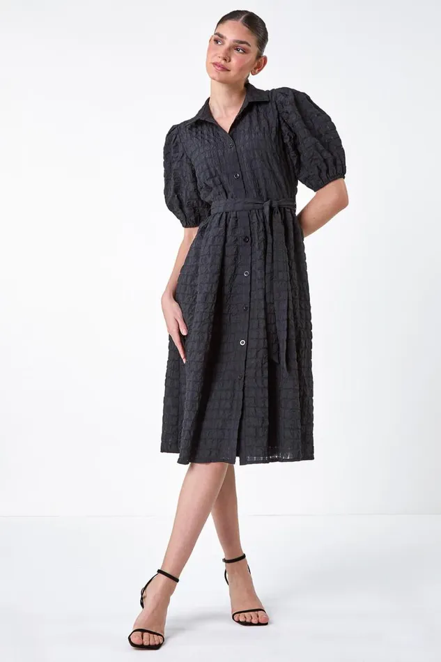 Black Textured Puff Sleeve Midi Shirt Dress Women Roman Dresses