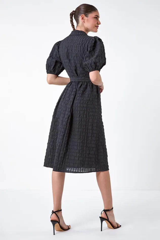 Black Textured Puff Sleeve Midi Shirt Dress Women Roman Dresses