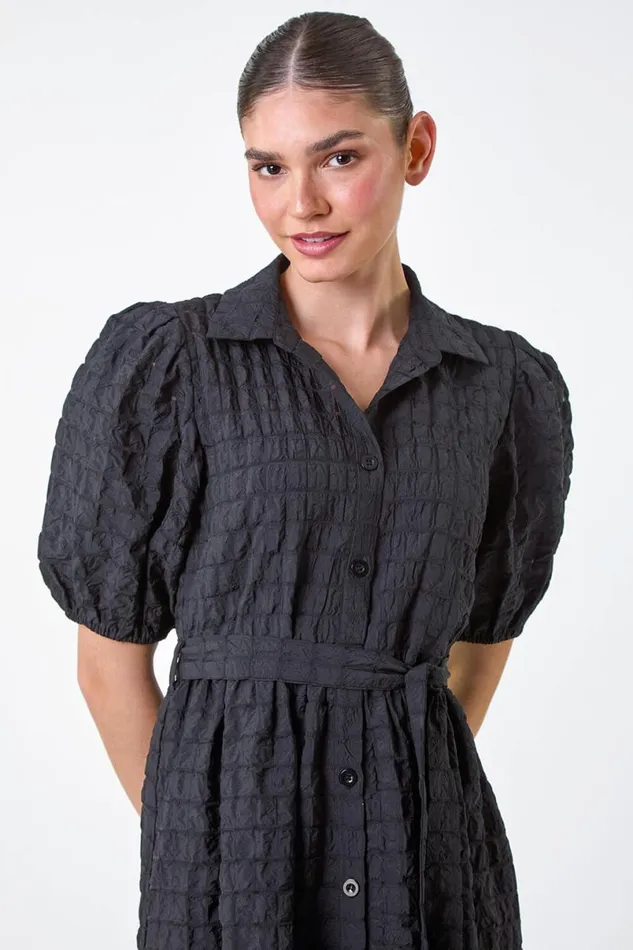 Black Textured Puff Sleeve Midi Shirt Dress Women Roman Dresses