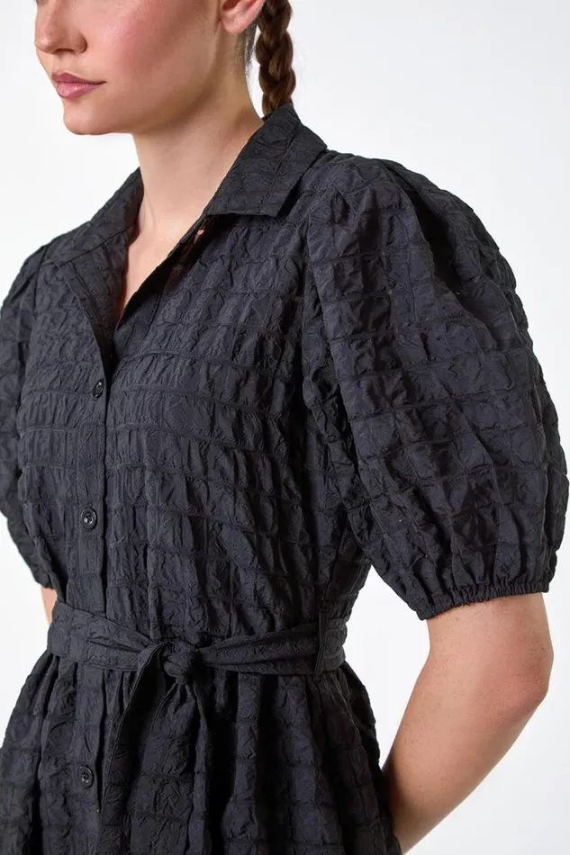 Black Textured Puff Sleeve Midi Shirt Dress Women Roman Dresses