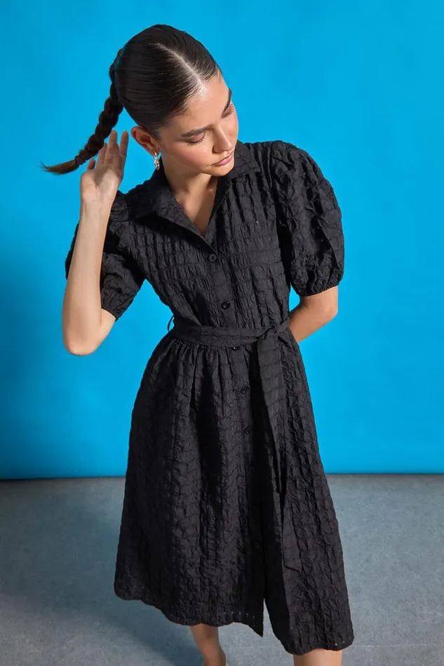 Black Textured Puff Sleeve Midi Shirt Dress Women Roman Dresses