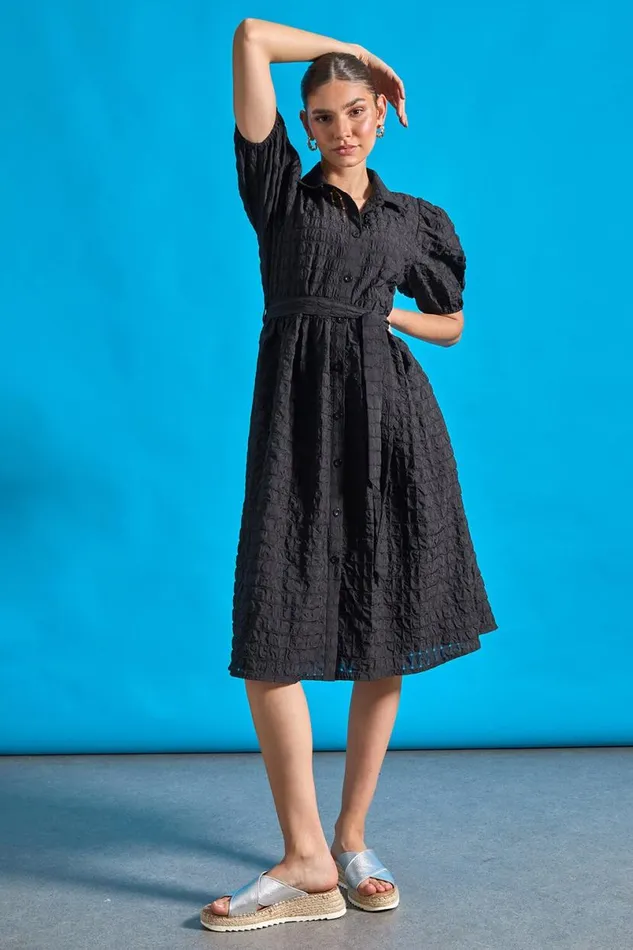 Black Textured Puff Sleeve Midi Shirt Dress Women Roman Dresses