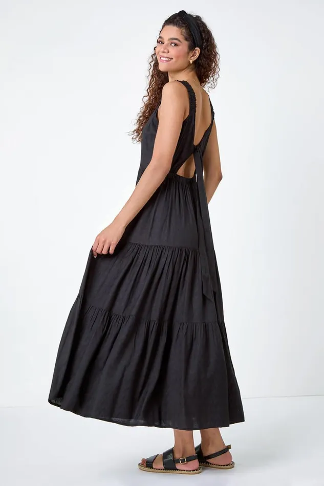 Black Textured Tie Back Tiered Maxi Dress Women Roman Dresses