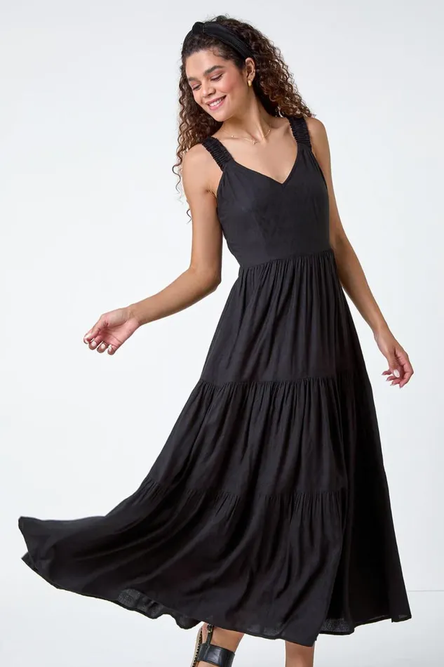 Black Textured Tie Back Tiered Maxi Dress Women Roman Dresses