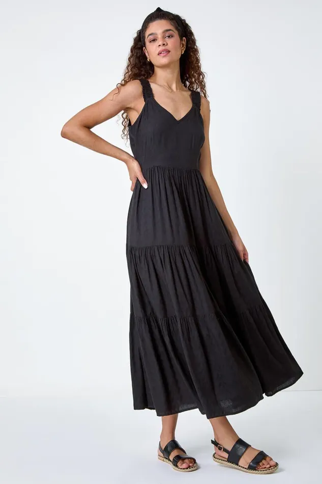 Black Textured Tie Back Tiered Maxi Dress Women Roman Dresses