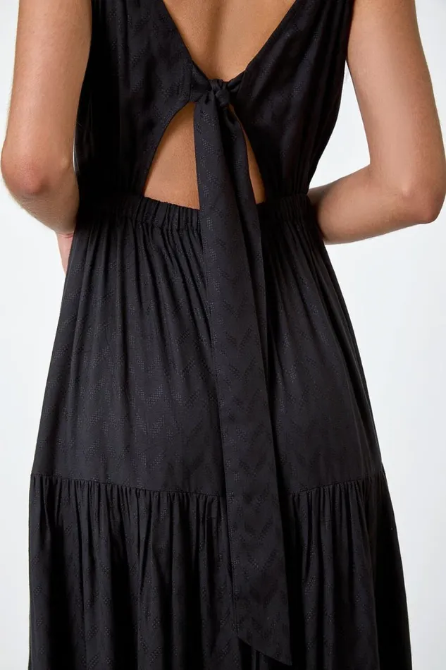 Black Textured Tie Back Tiered Maxi Dress Women Roman Dresses