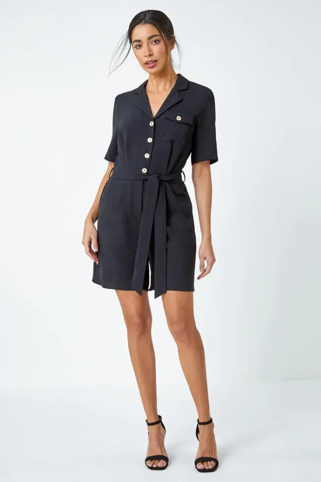 Black Textured Tie Waist Playsuit Women Roman Dresses
