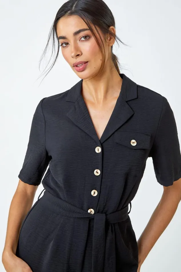 Black Textured Tie Waist Playsuit Women Roman Dresses