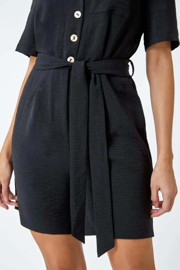 Black Textured Tie Waist Playsuit Women Roman Dresses