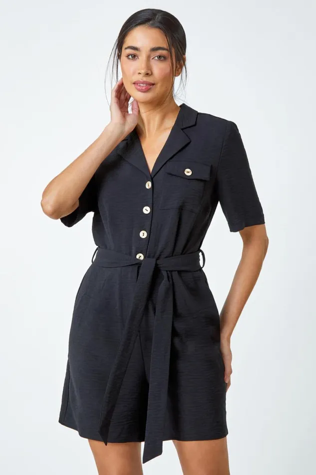 Black Textured Tie Waist Playsuit Women Roman Dresses