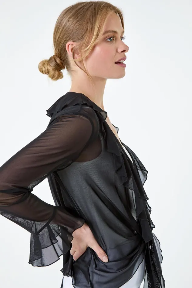 Black Tie Frill Detail VNeck Stretch Mesh Top Women Roman Tops