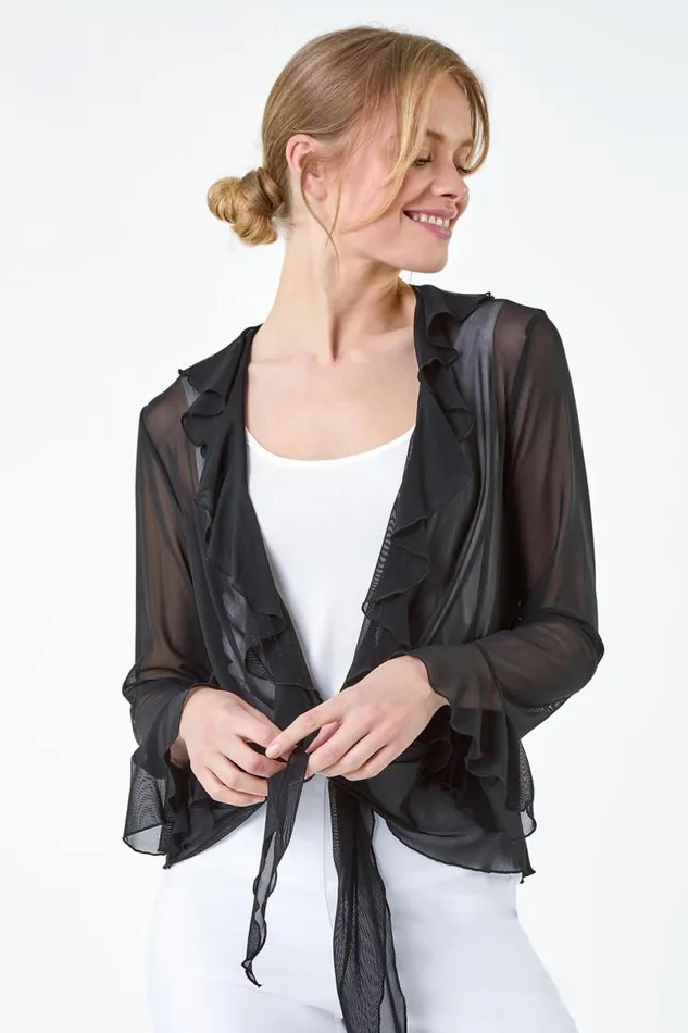 Black Tie Frill Detail VNeck Stretch Mesh Top Women Roman Tops