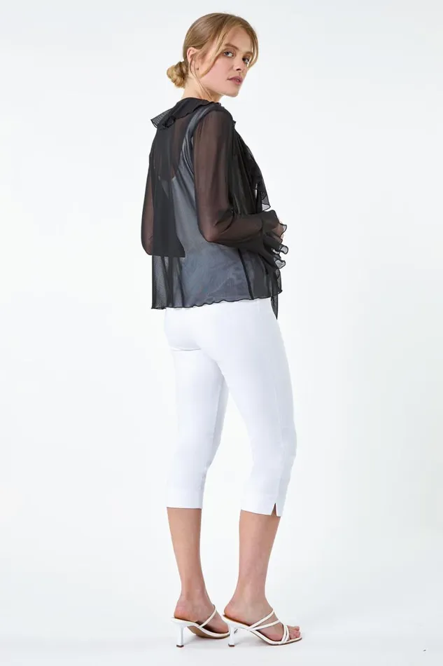 Black Tie Frill Detail VNeck Stretch Mesh Top Women Roman Tops