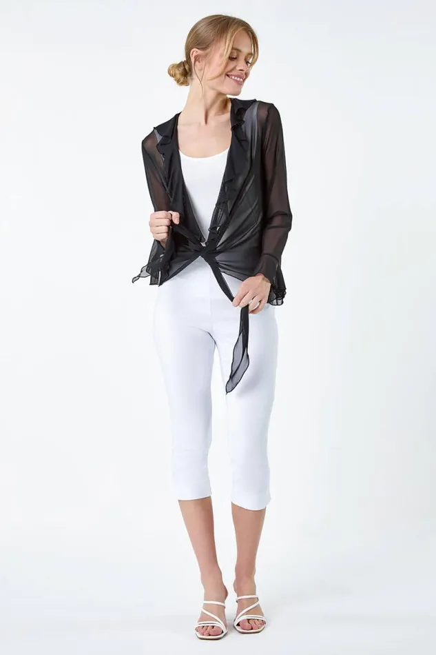 Black Tie Frill Detail VNeck Stretch Mesh Top Women Roman Tops