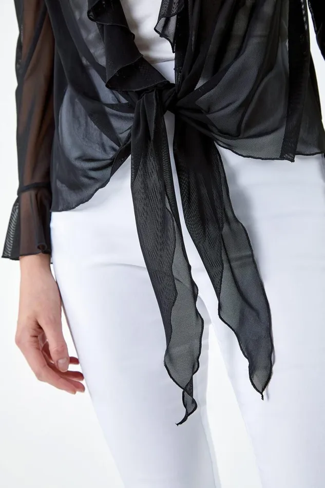 Black Tie Frill Detail VNeck Stretch Mesh Top Women Roman Tops