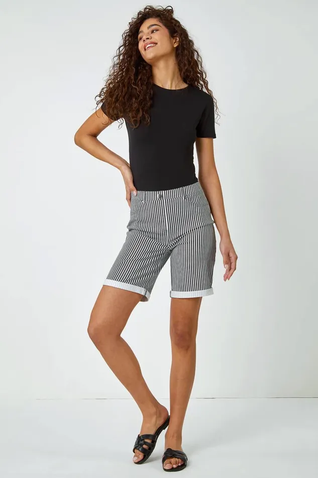 Black Turn Up Stripe Stretch Shorts Women Roman Shorts