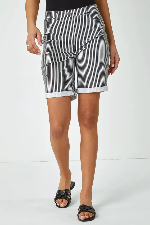 Black Turn Up Stripe Stretch Shorts Women Roman Shorts