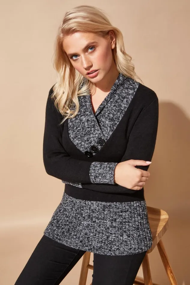 Black VNeck Overlap Button Detail Longline Jumper Women Roman Knitwear